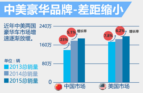 中国豪华车市场销量前十的车企包括德系四大品牌奥迪、宝马、梅赛德斯-奔驰以及跑车制造商保时捷;英国豪华品牌捷豹路虎;瑞典豪华车制造商沃尔沃,日系豪华品牌雷克萨斯、英菲尼迪;法国豪华品牌DS;美系豪华品牌凯迪拉克。美国市场中销量前十的豪华品牌并不包括DS和保时捷,取而代之的是日系、美系豪华的讴歌和林肯。此外,DS品牌目前尚未进军美国豪华车市场。