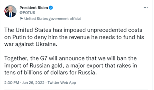 拜登：七国集团将宣布禁止进口俄黄金
